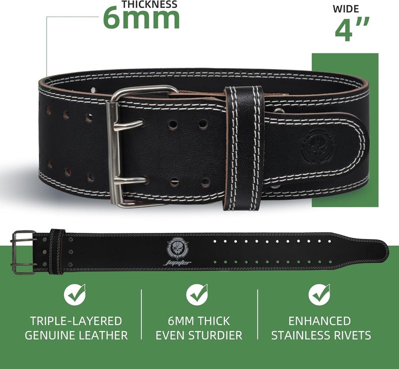 Jupiter Weight lifting Belt (6mm Thick) - Genuine leather, offering back support. Double-pronged buckle, ideal for weightlifting, powerlifting, squats and deadlifts - Image 2